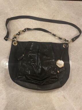 Black Leather Shoulder Bag with Gold Hardware